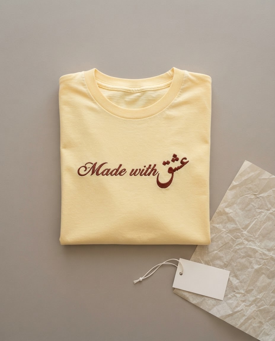 Made With Eshgh Tee — Embroidered Persian Script