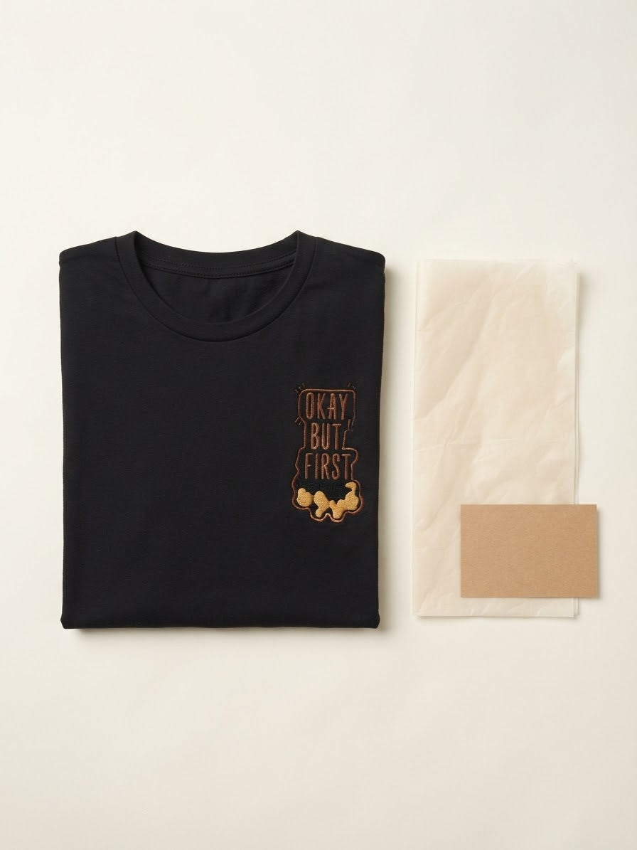 Okay But First Coffee Tee — Embroidered