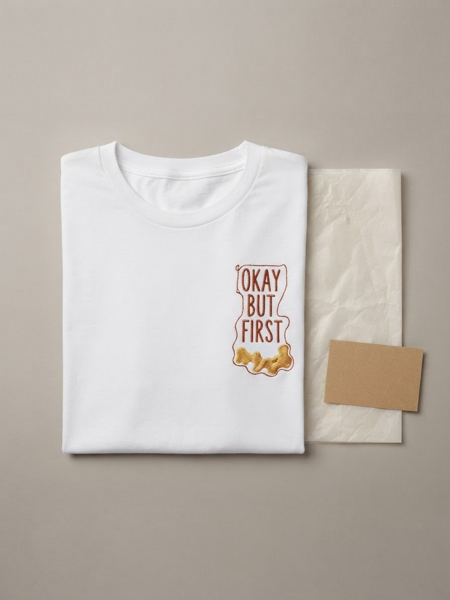 Okay But First Coffee Tee — Embroidered