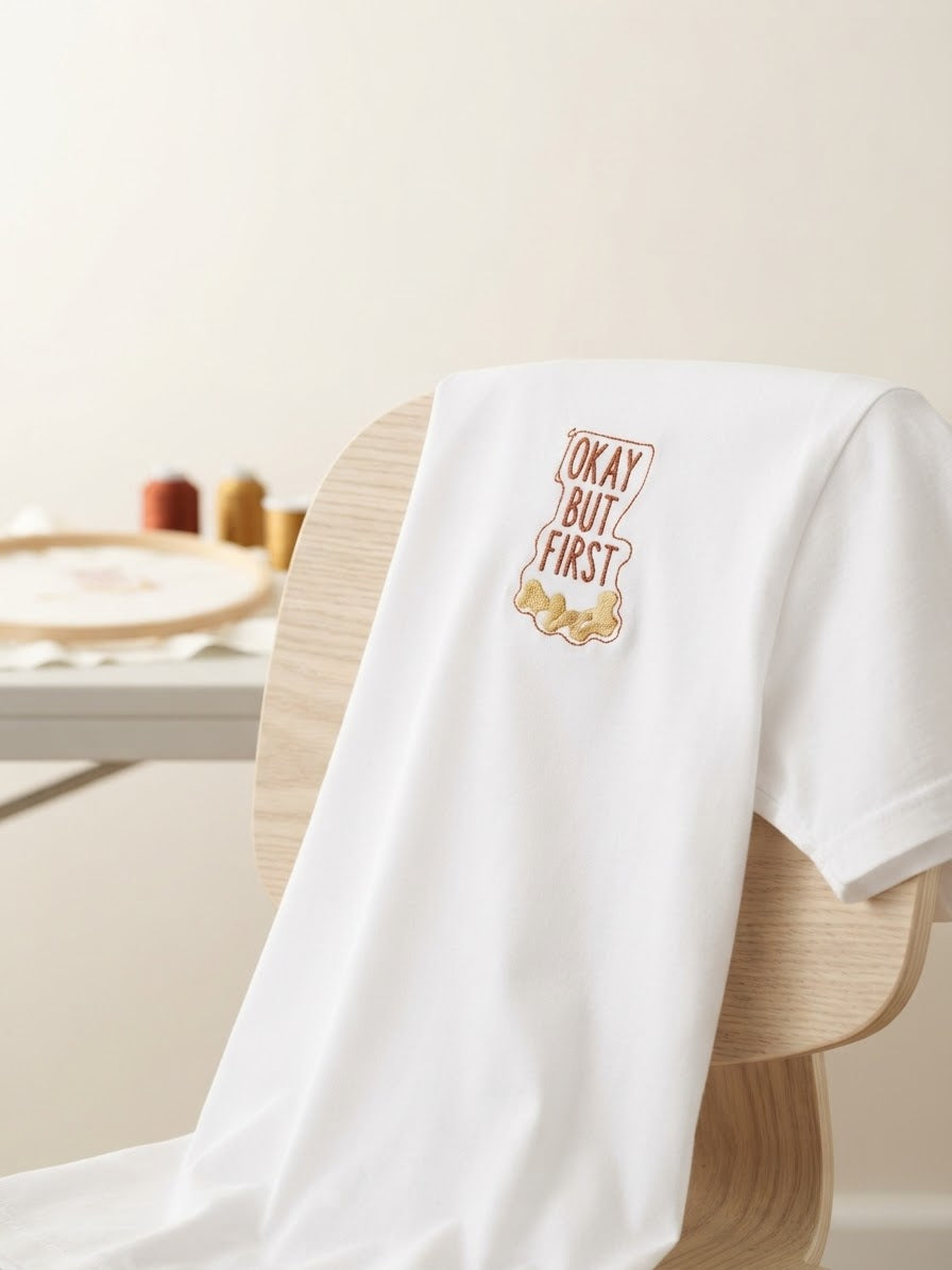 Okay But First Coffee Tee — Embroidered